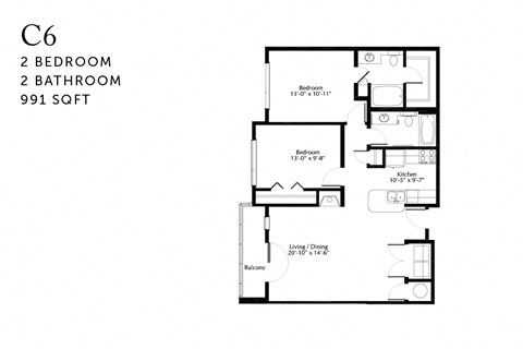 Floor plan for 2 beds, 2 baths, 991 sqft